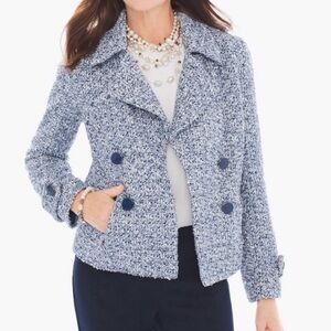 Chico's Blue Tweed Textured Open Lined Jacket with Zipper Pockets Size 4
